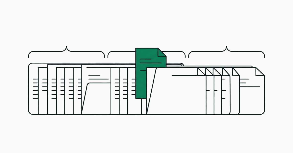 A long row of document pages grouped by three brackets, one page in the middle raised and green