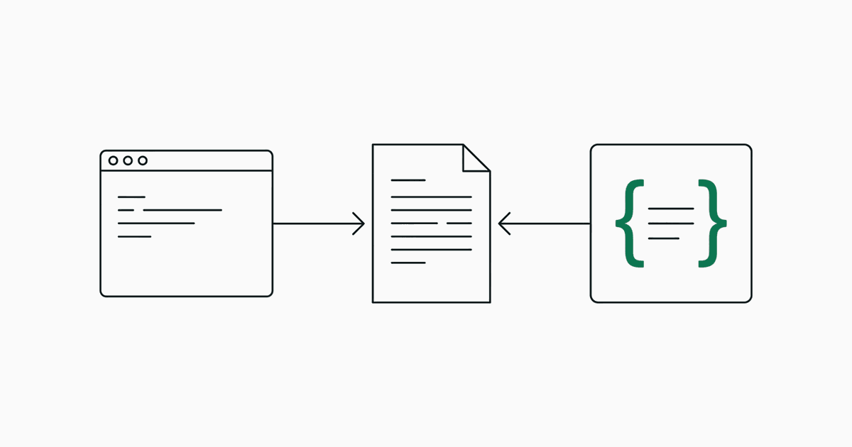 A terminal window sending a request to a document, which returns a card with green curly braces