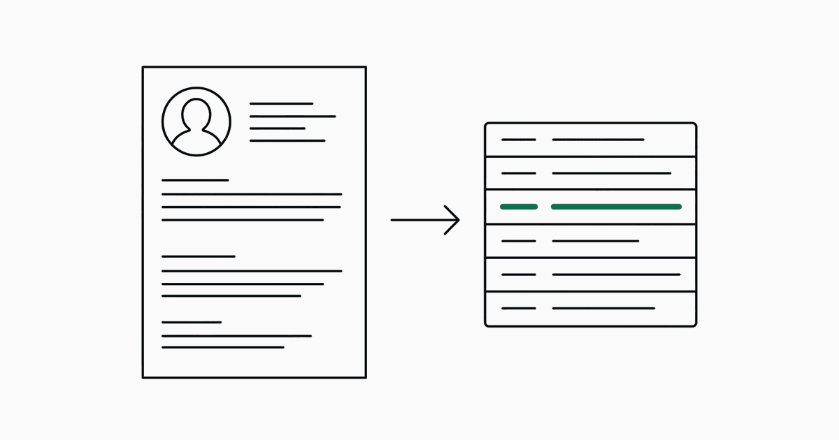 A résumé page with a portrait placeholder turning into a card of six rows, one highlighted in green
