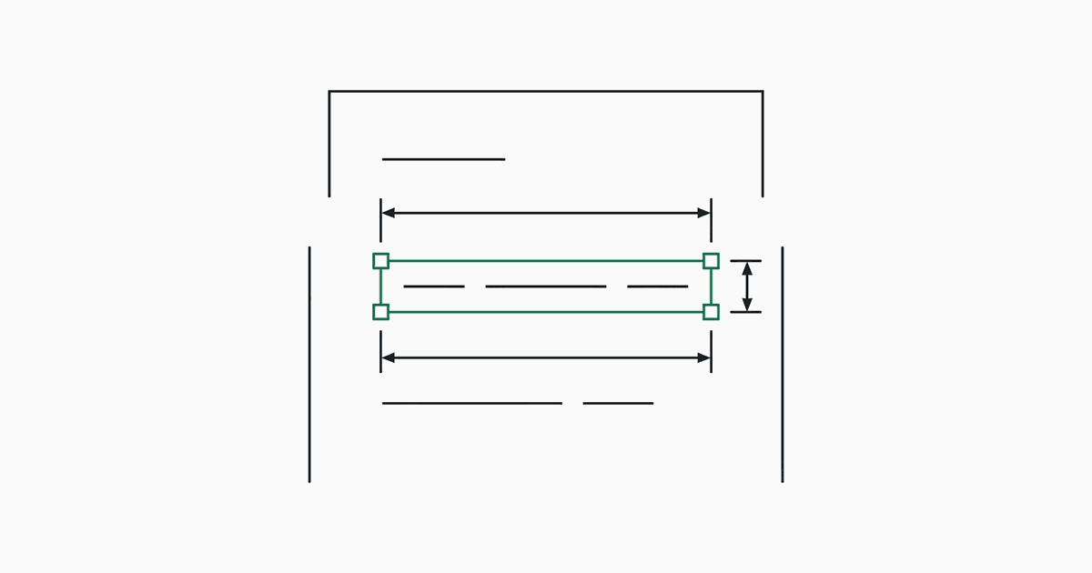 A line of text enclosed in a green selection rectangle with corner handles and dimension lines