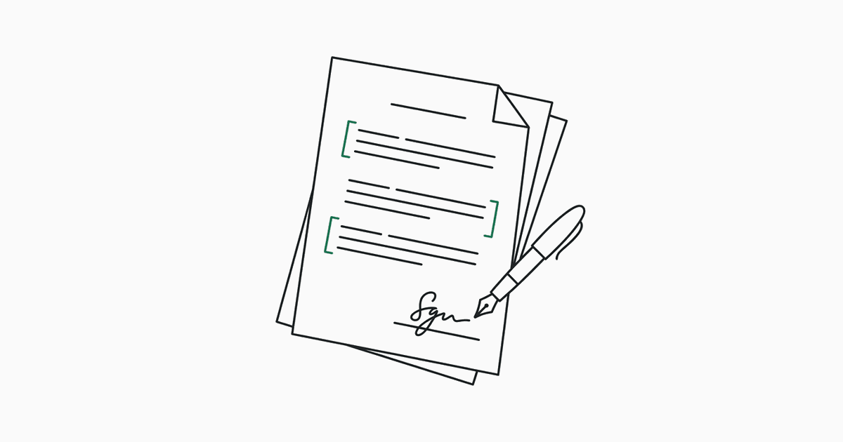 A fanned multi-page contract with a signature and a fountain pen, three passages marked with green brackets