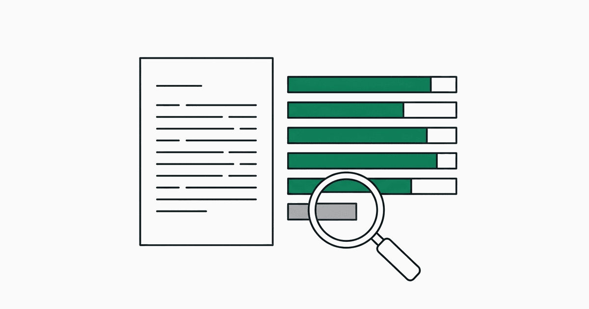 A document beside six meter bars, with a magnifying glass over the one short grey bar