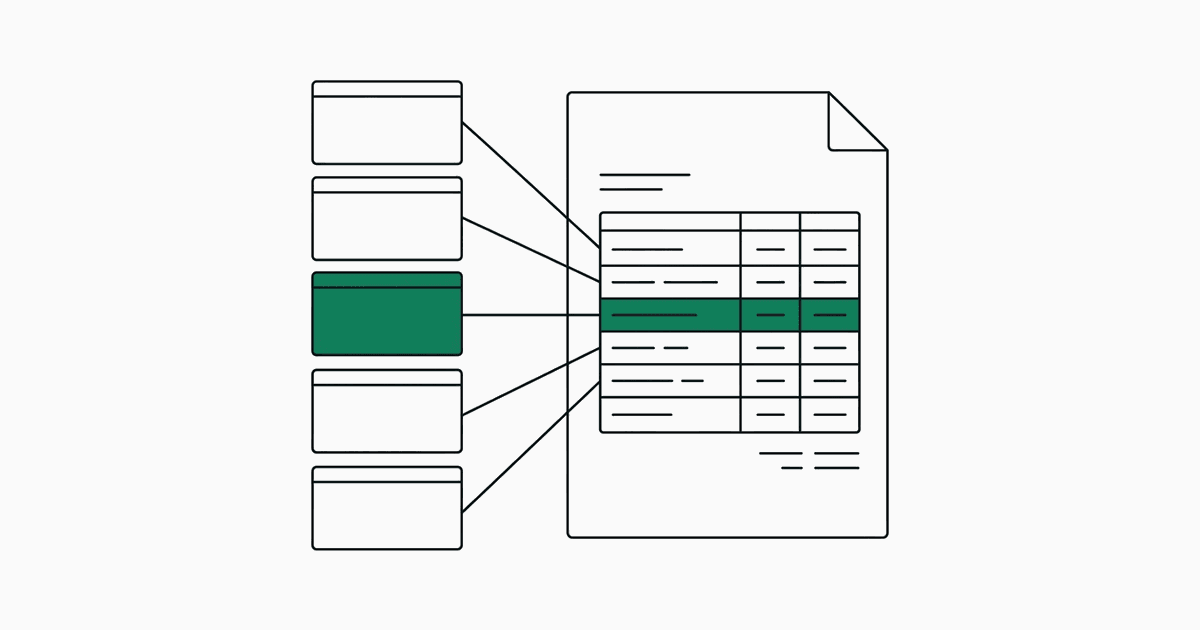 Five index cards connected by lines to rows of an invoice, one card and its row in green