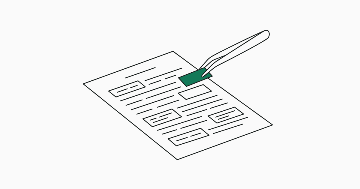 A sheet of paper with boxed phrases, and tweezers lifting one green box off the page