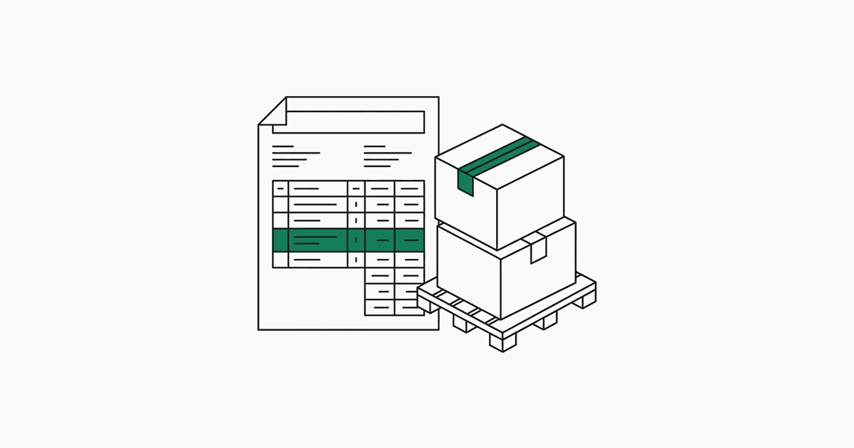 A purchase order sheet with a highlighted table row beside two shipping boxes on a pallet