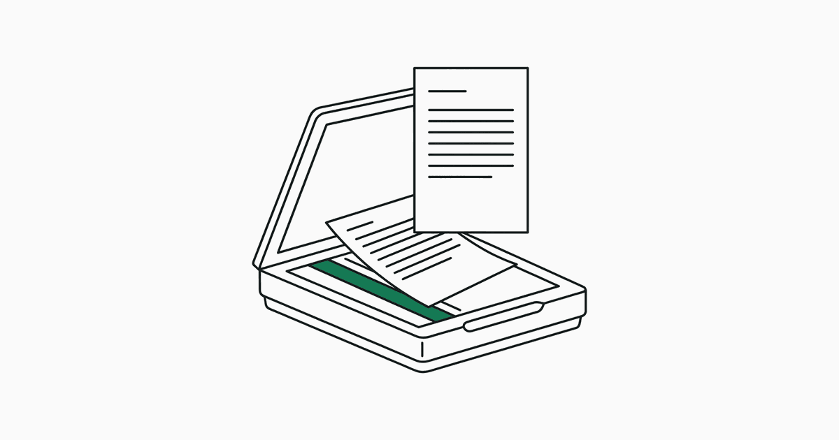 A flatbed scanner with a skewed sheet on the glass and a clean page of text rising out of it